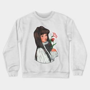 Cute Long black hair girl with flowers and innocent look without background Crewneck Sweatshirt